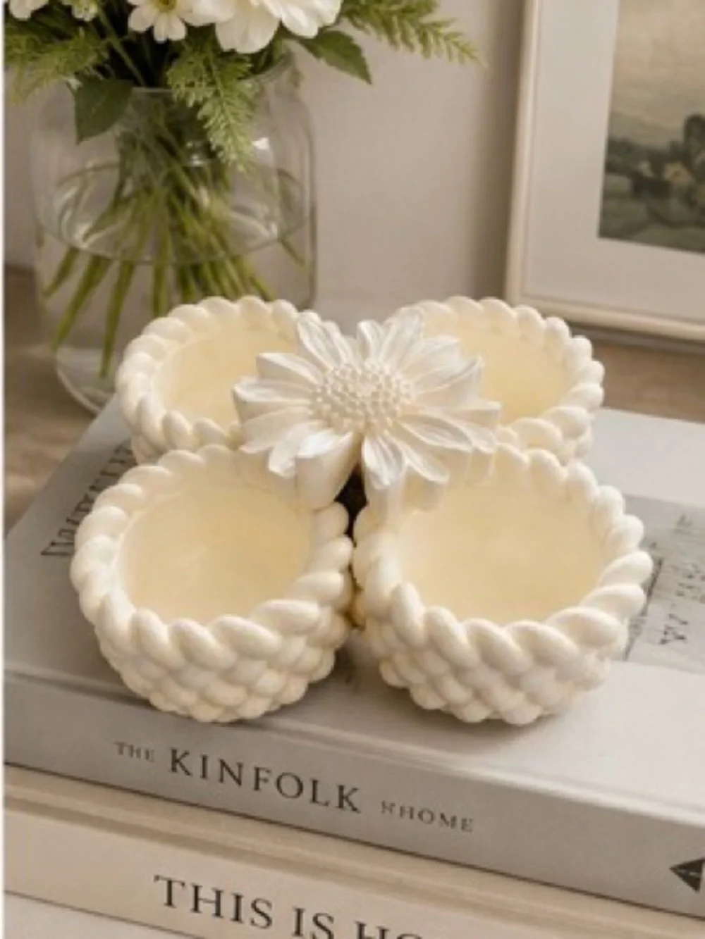 Cream Ceramic Braided Tealight Holder Set with Floral Accent
